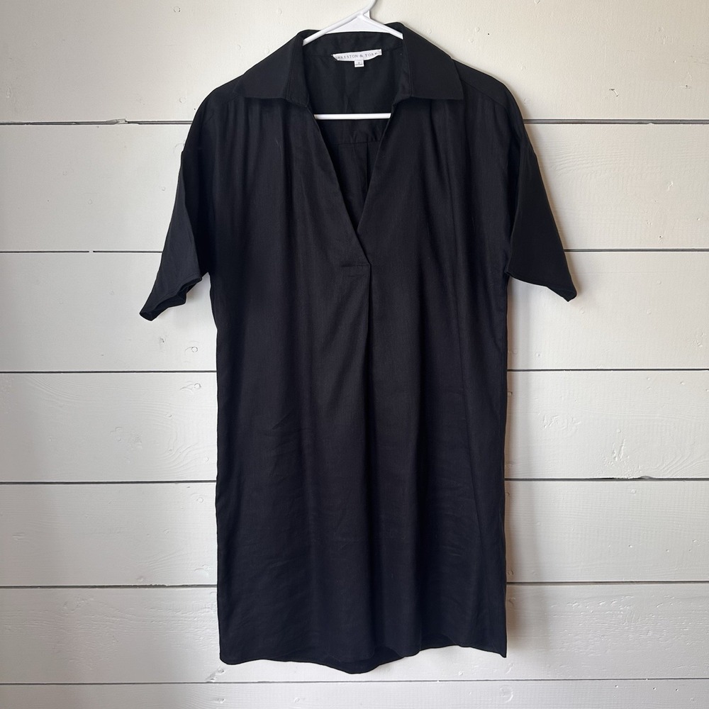Preston & York Black Linen Blend V-Neck Collared Dress 6 Minimalist Office Prep